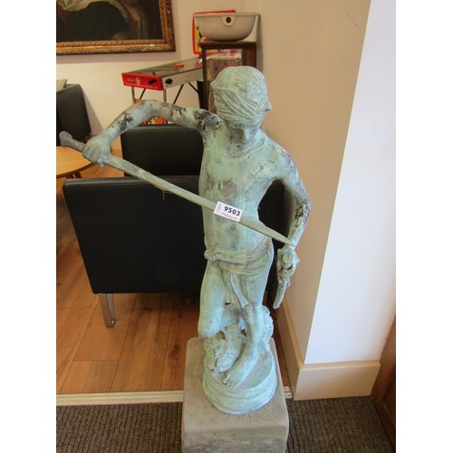 9503 - A 19th Century verdigris patinated bronze of David on composition plinth, 42