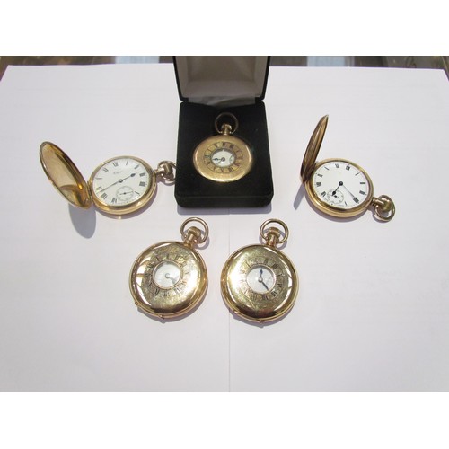 8123 - Three gold plated half hunter pocket watches and two full hunter watches (5)