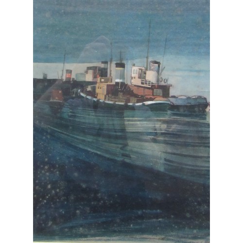 6031 - RONALD COURTENEY (1922-2011) A framed and glazed watercolour depicting steam tugs. Signed bottom rig... 