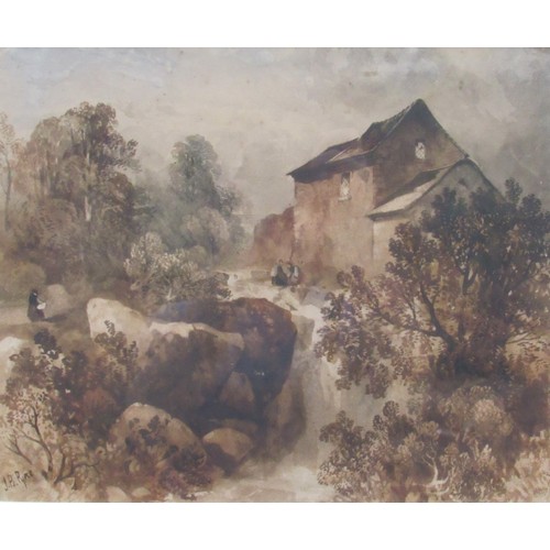 6036 - JAMES BAKER PYNE (1800-1870) A framed and glazed watercolour, dwelling beside rocky hillside stream.... 