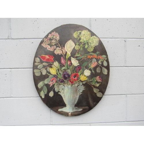 6114 - A late 19th Century oval oil on canvas, still life of a vase of flowers. Stylised VB monogram bottom... 