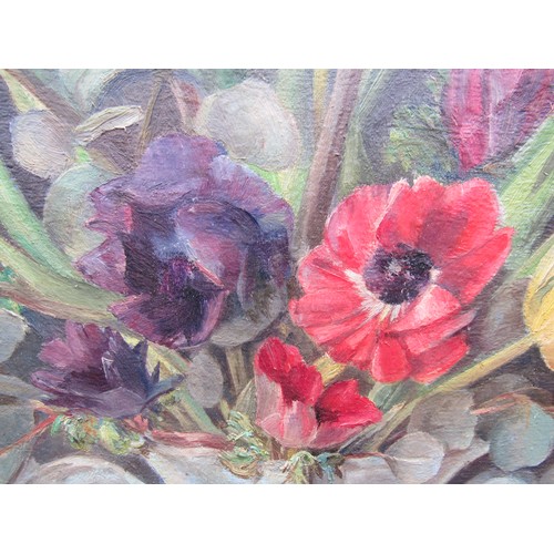 6114 - A late 19th Century oval oil on canvas, still life of a vase of flowers. Stylised VB monogram bottom... 