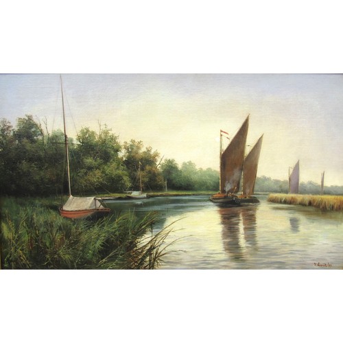 6057 - PERCY LIONEL (XIX/XX) A framed and glazed oil on canvas of Wherries on the Broads. Signed bottom rig... 