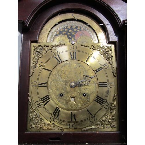 4020 - An 18th Century J Hamilton Glasgow 8 day longcase clock, ornate brass arched face with Roman numeral... 