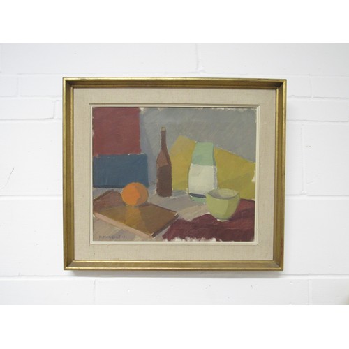 6119 - KNUT HANQVIST (Swedish 1904-1981) An oil on canvas still life, orange and a bottle. Signed bottom le... 