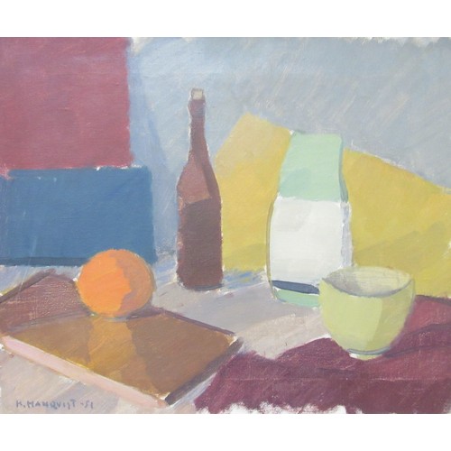 6119 - KNUT HANQVIST (Swedish 1904-1981) An oil on canvas still life, orange and a bottle. Signed bottom le... 