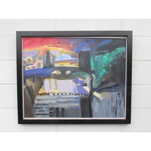 6074 - DAVID JONES (Contemporary Norwich artist) A large oil on canvas, river scene. Signed bottom right an... 