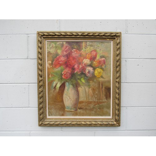 6116 - A large oil on canvas still life of a vase of roses. Indistinctly signed bottom right. Image size 78... 