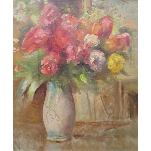 6116 - A large oil on canvas still life of a vase of roses. Indistinctly signed bottom right. Image size 78... 