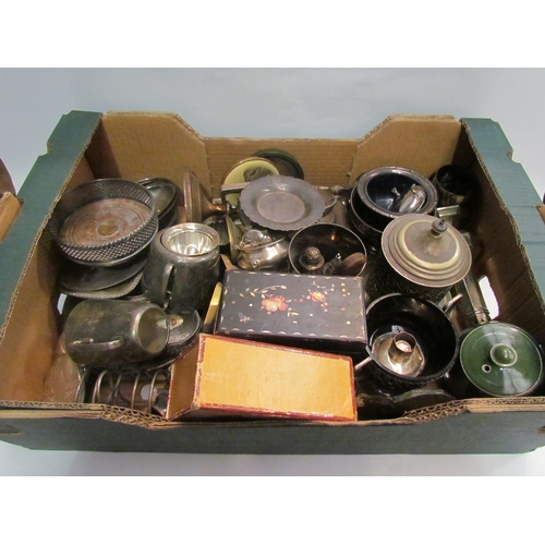 4490 - A box of mainly silver plated wares including inkstand, wine coasters, toast racks etc