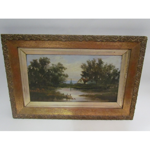 4493 - An oil on canvas landscape, both in decorative gilt frames, one Art Nouveau style, 24cm x 44cm