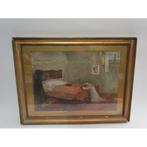 4496 - A late 19th Century mixed media on card, girl praying at bed end.  Gilt framed and glazed.  Image si... 