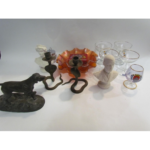 4512 - Two carnival glass bowls, two busts and a figure of a Pointer etc