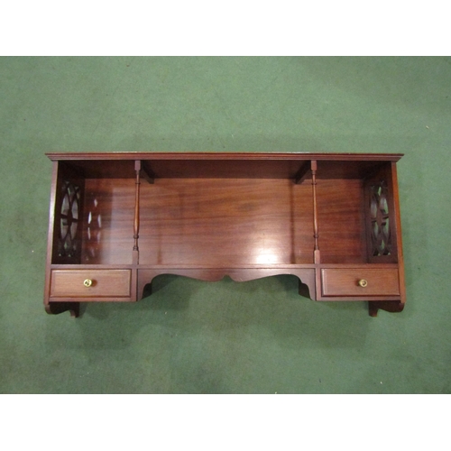 4017 - A set of mahogany wall shelves, spindle detailing over two drawers, fretwork sides, 40cm tall x 84cm... 