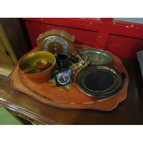 4022 - A selection of toleware trays, a Smith's Sectric clock, Rototherm thermometer etc.