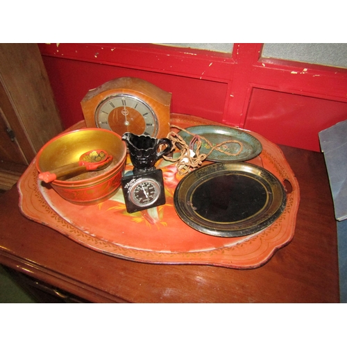 4022 - A selection of toleware trays, a Smith's Sectric clock, Rototherm thermometer etc.