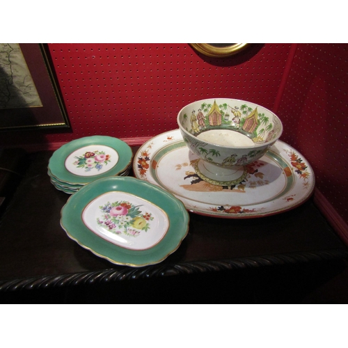 4052 - A part 19th Century dessert service, chinoiserie pedestal bowl and Wedgwood meat plate (7)