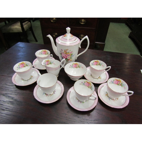 4071 - A Royal Albert coffee set for six, white ground with floral decoration, pink border with gilt bands