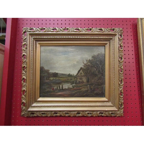 4073 - An oil on board depicting rural scene, mill cottage in middle ground, gentleman fishing to foregroun... 