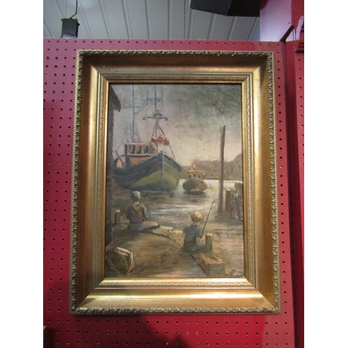 4074 - An oil on board depicting two young boys fishing on quayside, gilt frame, signed lower left, 38cm x ... 