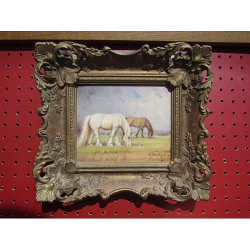 4089 - STEPHEN WALKER (1900-2004): An oil on board of two horses, signed lower right, gilt framed, 11cm x 1... 