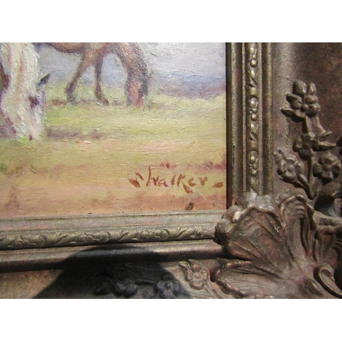 4089 - STEPHEN WALKER (1900-2004): An oil on board of two horses, signed lower right, gilt framed, 11cm x 1... 