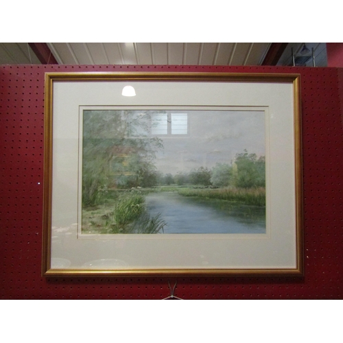 4107 - M. CARVER: A modern gilt framed and glazed pastel on paper, summer river scene and cattle.  Signed b... 