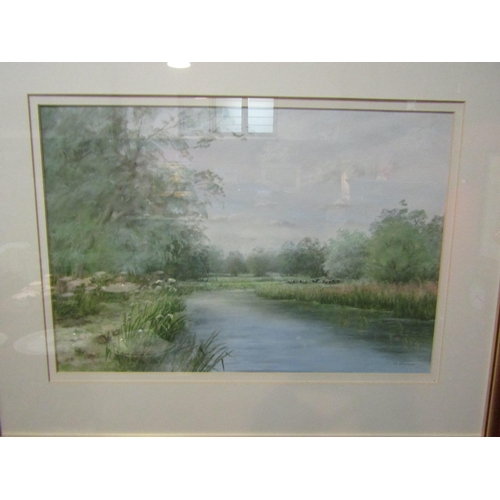 4107 - M. CARVER: A modern gilt framed and glazed pastel on paper, summer river scene and cattle.  Signed b... 