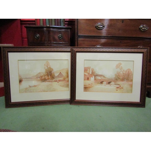 4114 - H. ENGLISH: A pair of sepia watercolours depicting a river bridge and waterside scene with dwelling.... 