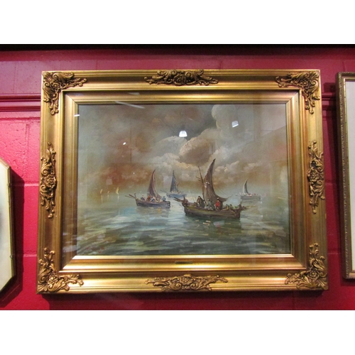 4130 - V. BONETTI: Oil on canvas of sailing vessels.  Signed lower left.  Gilt framed and glazed.  49cm x 6... 