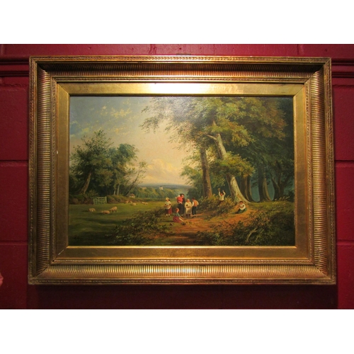 4144 - A late Victorian/early Edwardian oil on canvas depicting an English country scene, family beside she... 