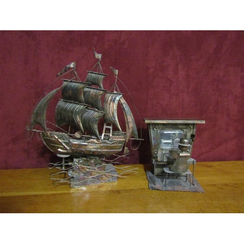 4184 - A tinplate mechanical musical pianist together with a galleon (2)