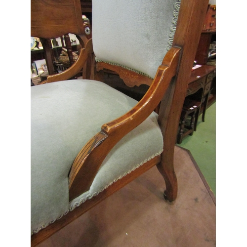 4206 - An Edwardian inlaid walnut bedroom chair with green upholstery and turned spindle decoration on ring... 