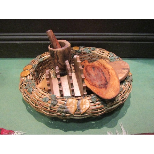 4213 - A French wicker bread/fruit basket with other treen items including a hedgehog letter rack