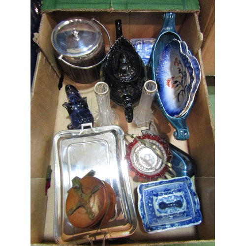 4231 - A box of miscellaneous including art glass paperweight, plated wares and fishing reel