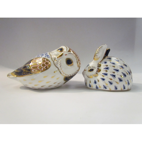 4331 - Two Crown Derby paperweights - Owl and Rabbit, both with gold stoppers, no boxes.  tallest 7.5cm