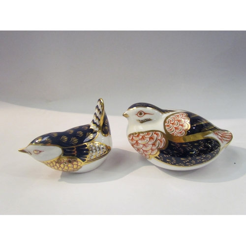 4340 - Two Crown Derby paperweights - Quail and Wren, both with gold stoppers, no boxes, tallest 8.5cm