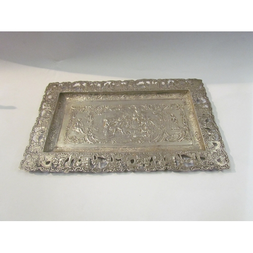 4344 - A white metal tray, scrolled foliate detail throughout with crowd to centre, pierced edge, stamped 8... 