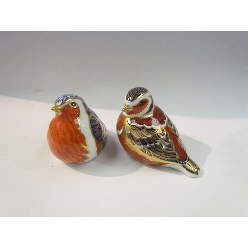 4352 - Two Crown Derby paperweights - Robin and Chaffinch, both with gold stoppers, no boxes, tallest 7cm