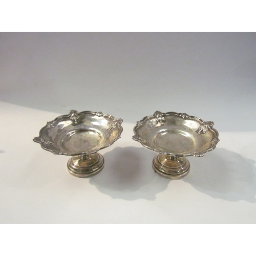 4368 - A pair of Walker and Hall silver pedestal dishes, foliate mounts, stepped base, 5cm high, 9cm diamet... 