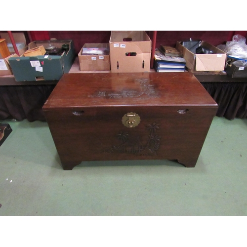 4003 - An Oriental carved camphor wood chest, 100cm wide x 49cm deep x 56cm tall