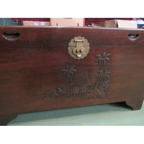 4003 - An Oriental carved camphor wood chest, 100cm wide x 49cm deep x 56cm tall