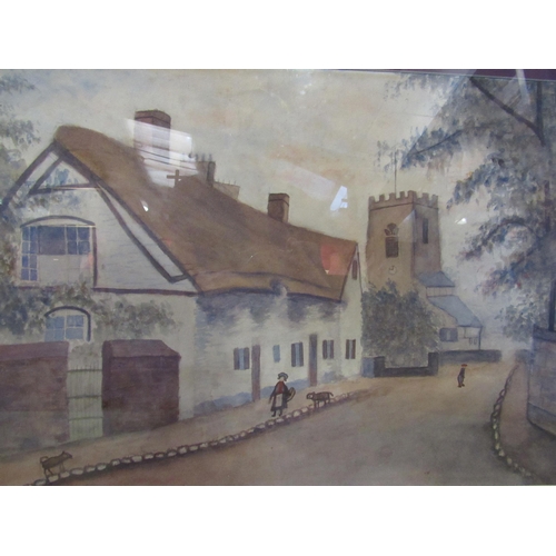 4025 - GANDY, 1922: Naïve watercolour of a village scene with houses and church with lady walking dogs in f... 