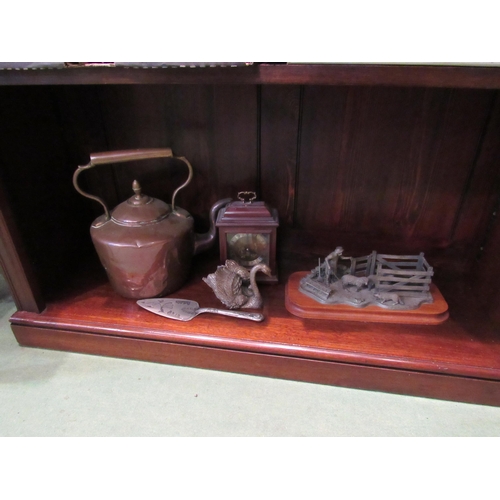 4199 - A copper kettle, plated swan, cake server, farmer and sheep figural group and Fattonni clock a/f (5)