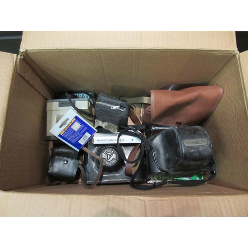 4228 - A box of cameras and equipment to include Zorki 1-4, Olympus Trip 35 and Polaroid Land camera etc