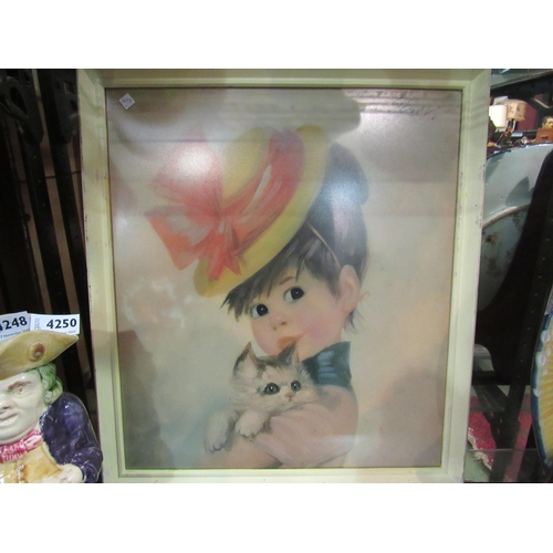 4249 - A pair of 1950's images of young girl, one holding a kitten the other a puppy, framed and glazed, 42... 