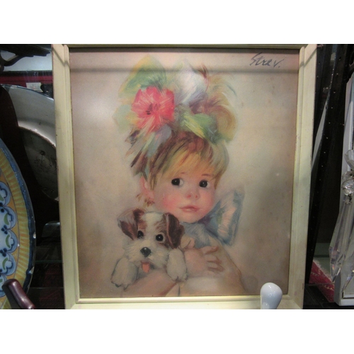 4249 - A pair of 1950's images of young girl, one holding a kitten the other a puppy, framed and glazed, 42... 