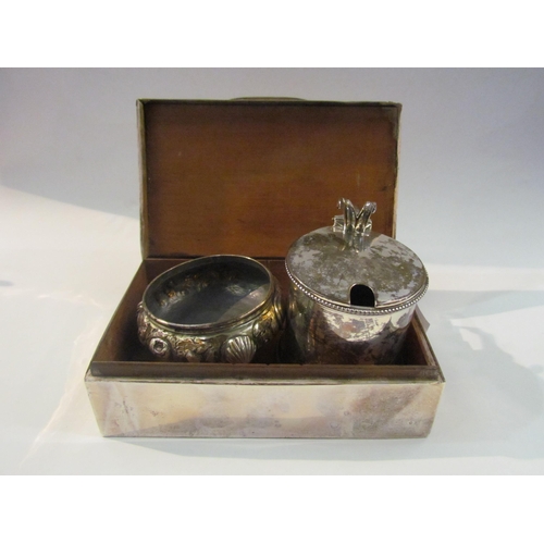 4363 - A silver cigarette case (a/f) together with a silver mustard pot (no liner) and a Victorian silver t... 