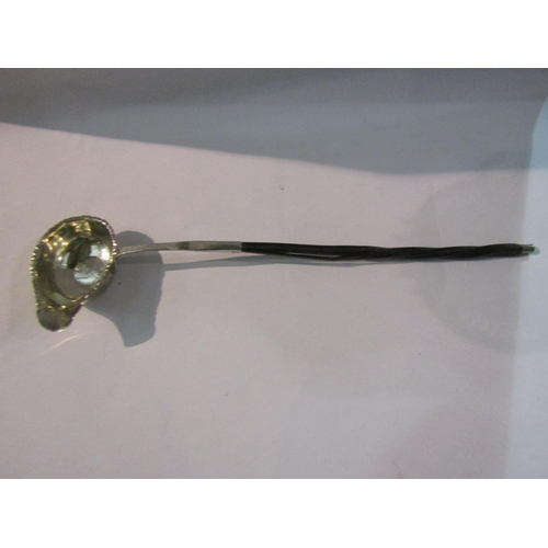 4387 - A Georgian silver toddy ladle, with incorporated coin, twisted horn handle, 31.5cm long   (E) £30-40