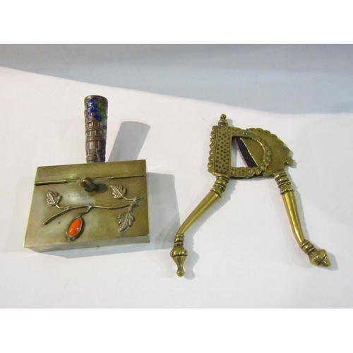 4401 - A brass and enamel travel ashtray and a Silent Butler brass betel nut cutter